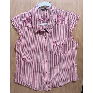 Hang Ten XL Ladies Vtg Cap Sleeve Button‎ Textured Pink White Stripe Embroidered